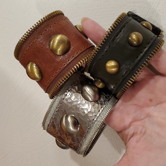 •Set of 3 faux leather snap bracelet cuffs•studded•open zipper trim•EUC• - Picture 10 of 15